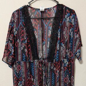 Time AND Tru OS Kimono Cover-up Floral Gathered Sleeves Warm Tones